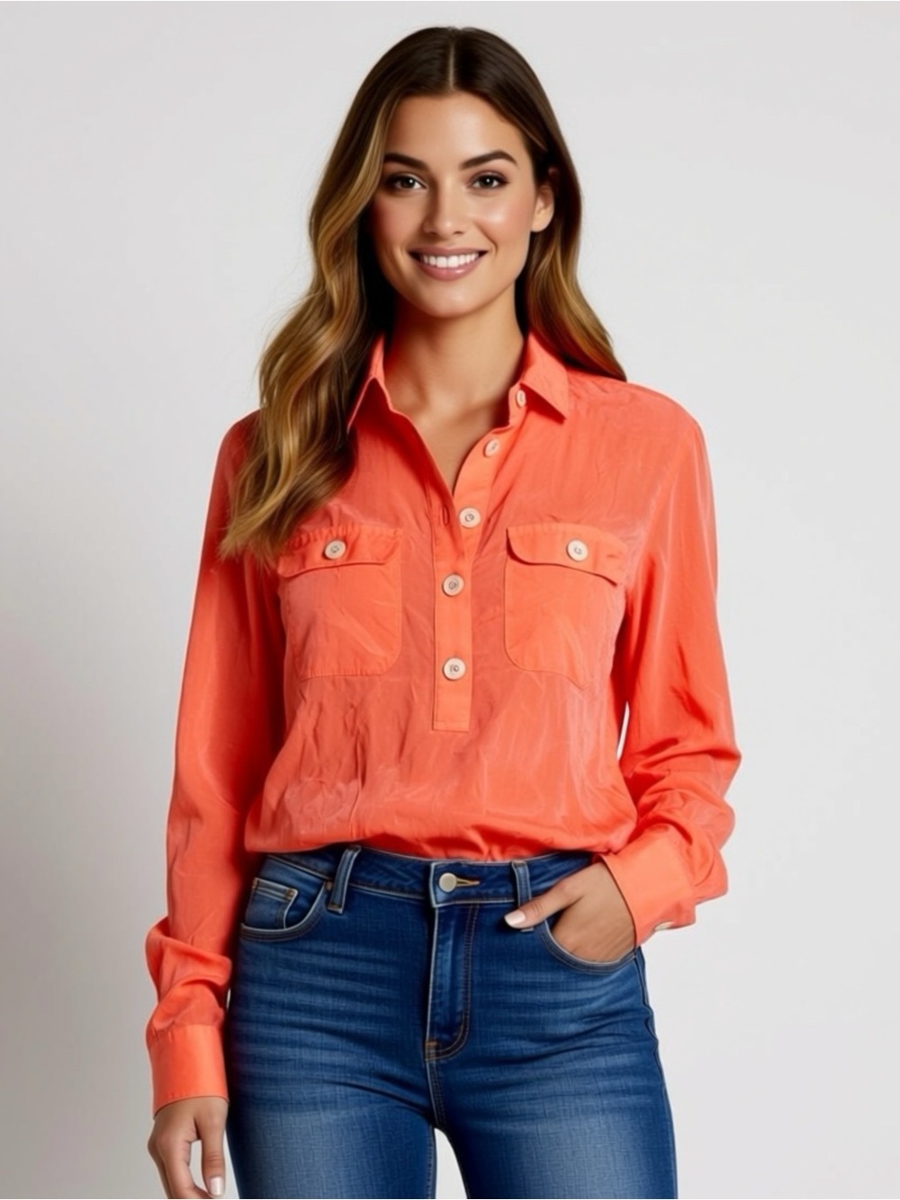 Banana Republic Silk Coral Blouse Top Size XXS-XS Button Up Shirt Long Sleeve